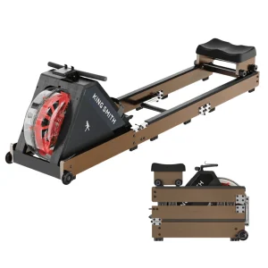KingSmith WM20 folding rowing machine main product view with flywheel, wooden frame and padded seat on a white background