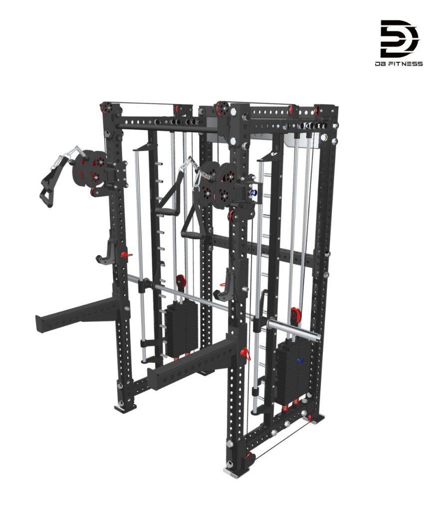 DB Fitness home gym setup featuring a versatile smith machine for comprehensive strength training.