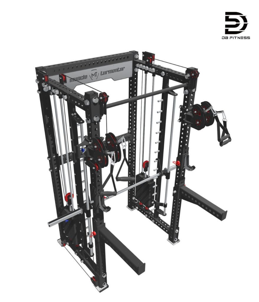 DB Fitness home gym setup featuring a versatile smith machine for comprehensive strength training.