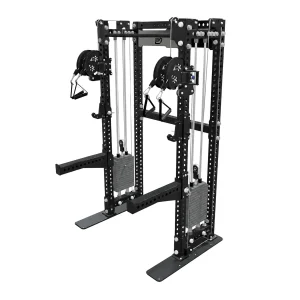 Angled view of the DB Fitness DB-6022 functional trainer with black uprights, dual weight stacks, adjustable pulleys and safety spotter arms.