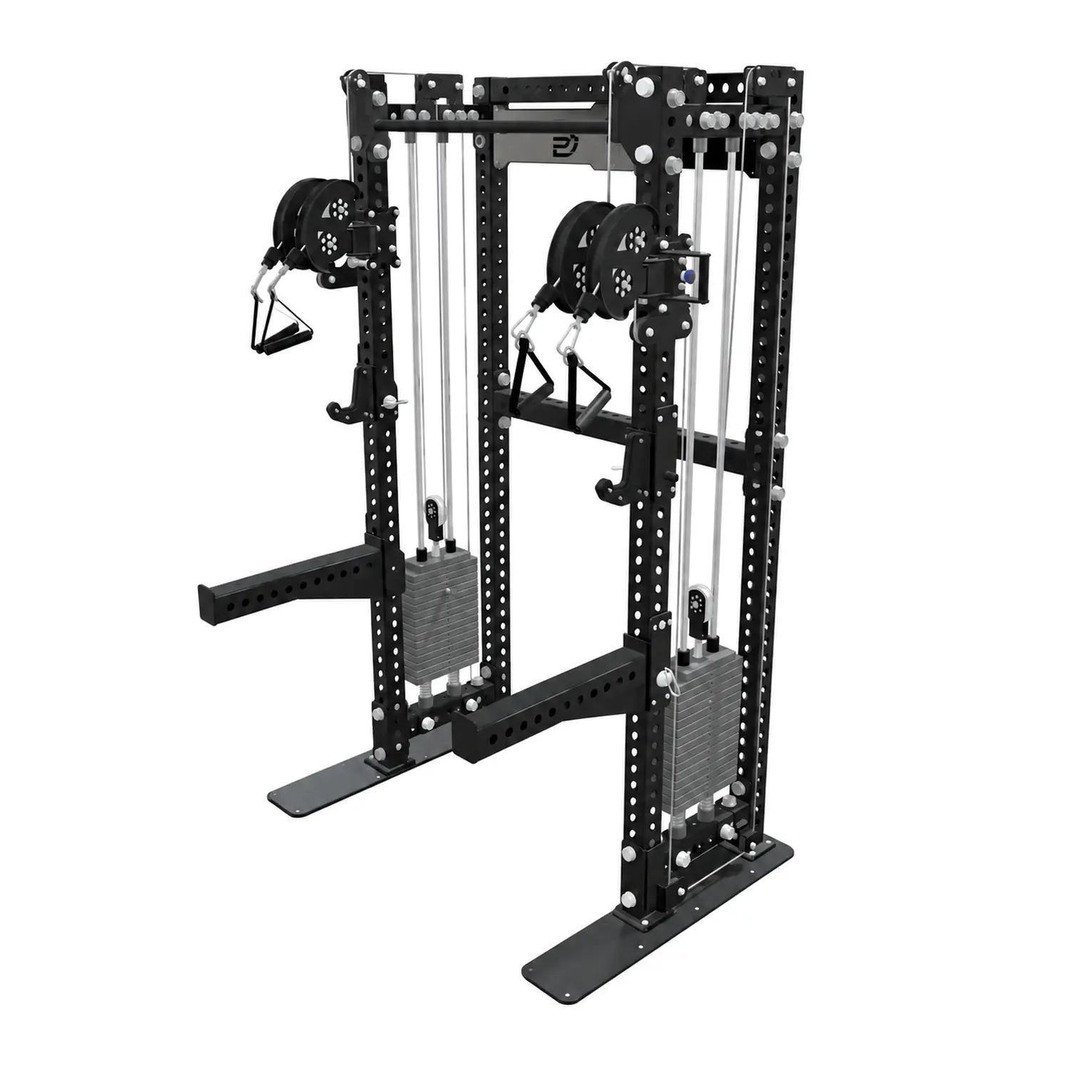 Angled view of the DB Fitness DB-6022 functional trainer with black uprights, dual weight stacks, adjustable pulleys and safety spotter arms.