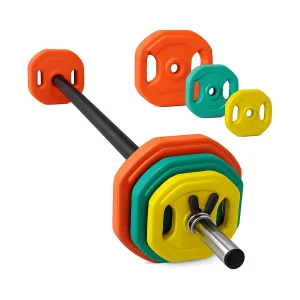 DB Fitness studio pump weight set with colour-coded plates, barbell and spring collars on a white background