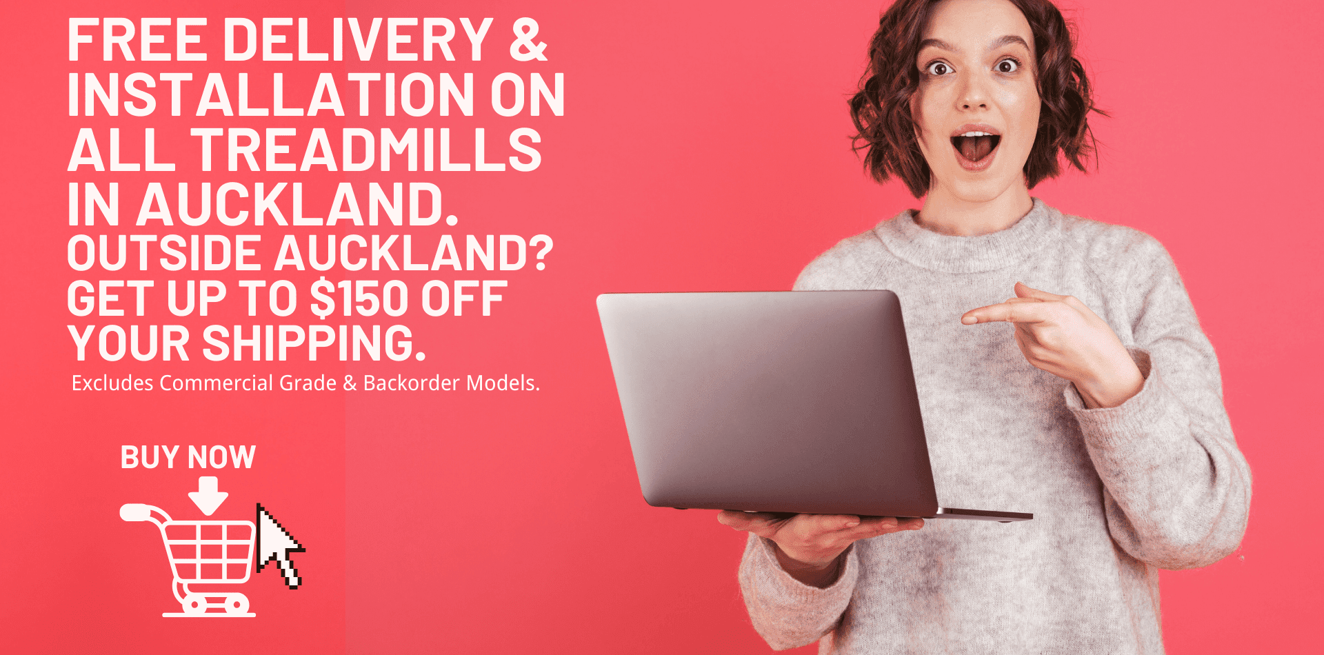 Treadmill promotion with free Auckland delivery and installation, up to $150 shipping discount outside Auckland, and a Buy Now call to action.