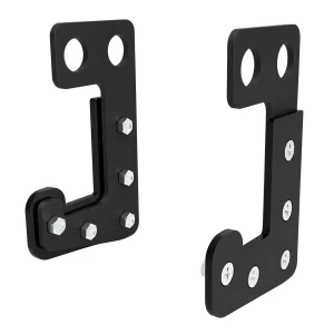 Pair of black DB Fitness barbell J-hooks with mounting holes and silver fasteners, shown from opposite sides.