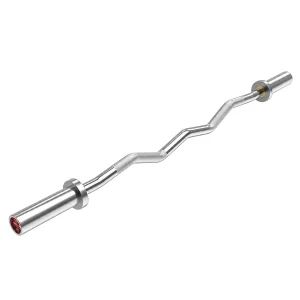 DB Fitness 120 cm chrome EZ curl bar with angled knurled grips and chrome weight sleeves.