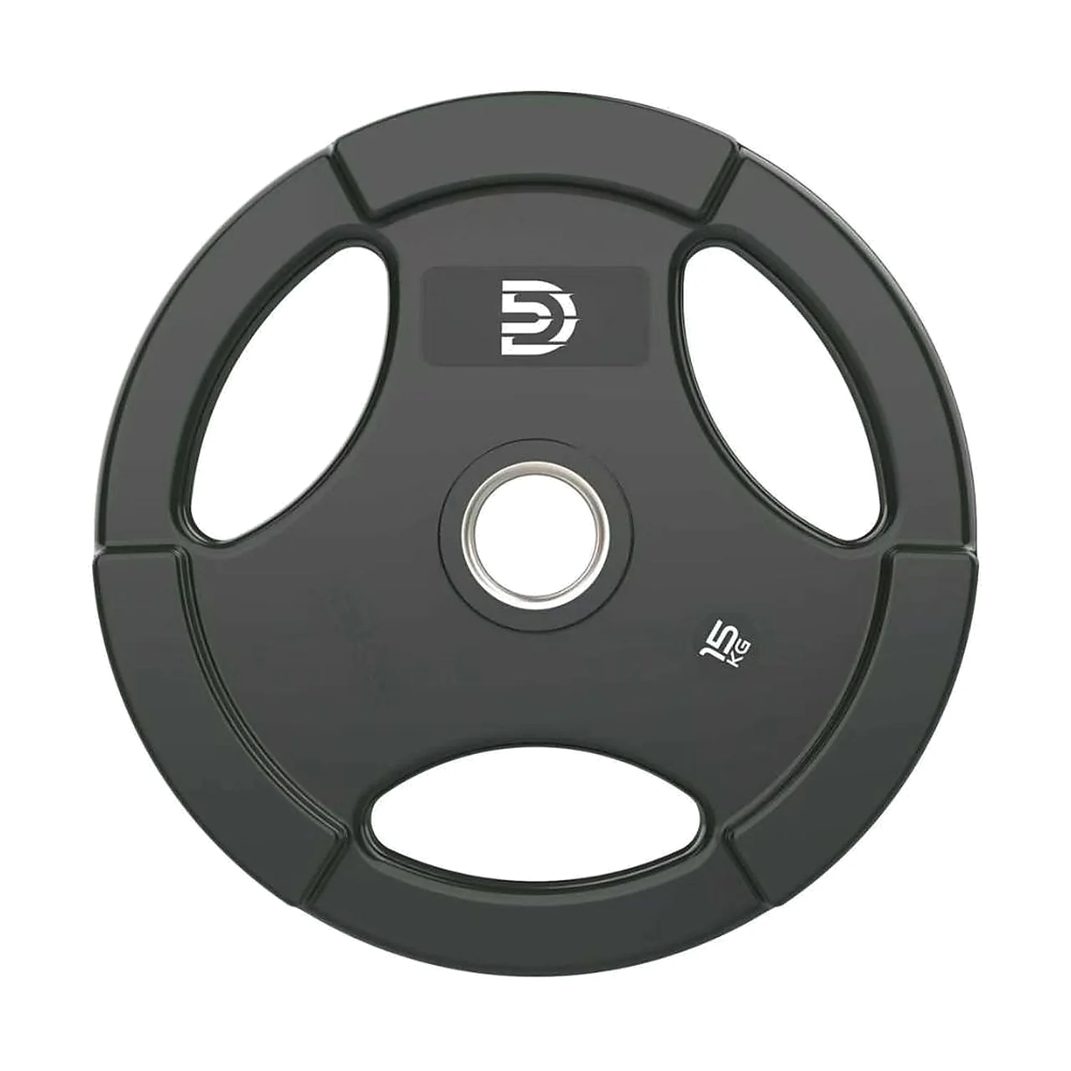 DB Fitness 15kg tri-grip rubber Olympic weight plate with stainless steel centre ring and ergonomic handles.