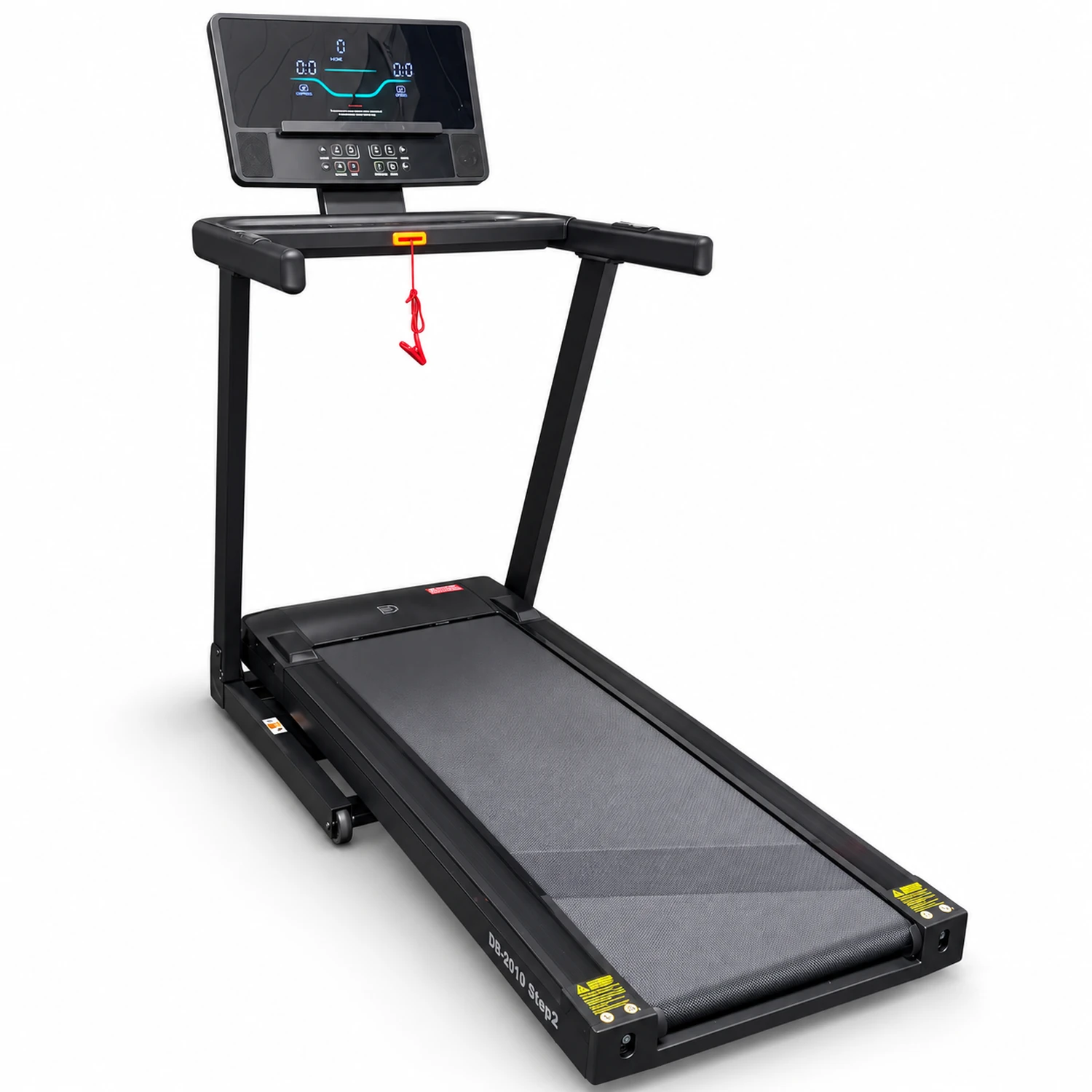 DB-2010 Step2 treadmill front angle with LED console, handrails and safety key on a white background