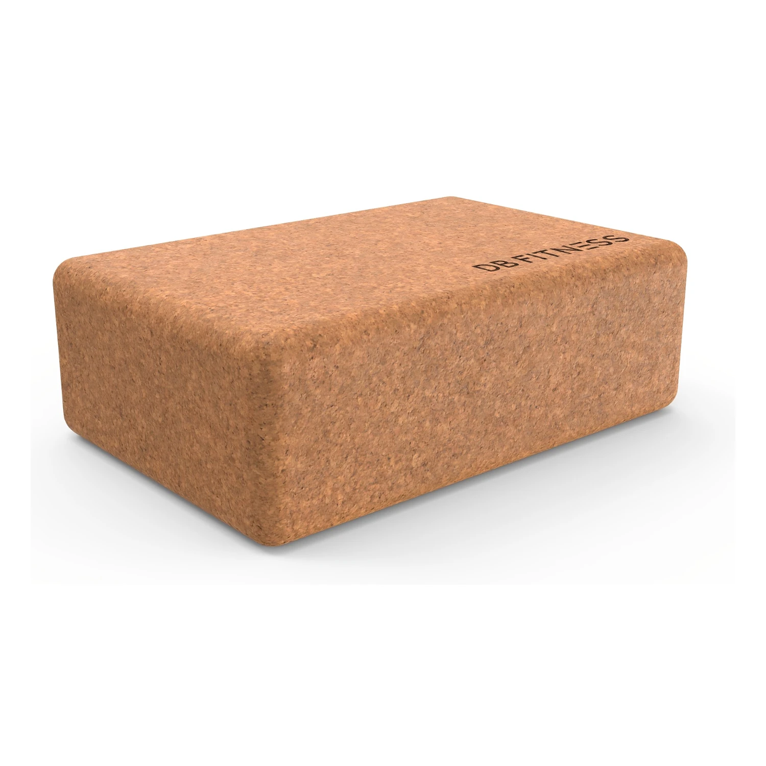 DB Fitness cork yoga block with rounded edges, natural cork texture and DB FITNESS branding on a white background