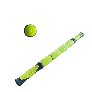 DB Fitness green massage roller stick with segmented rollers and textured handles on a white background