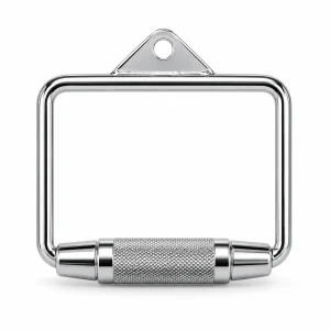 Chrome single grip cable handle with a textured metal handgrip and top attachment eye on a white background