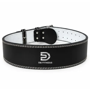 DB Fitness black weightlifting belt with white padded lining, front view on a white background